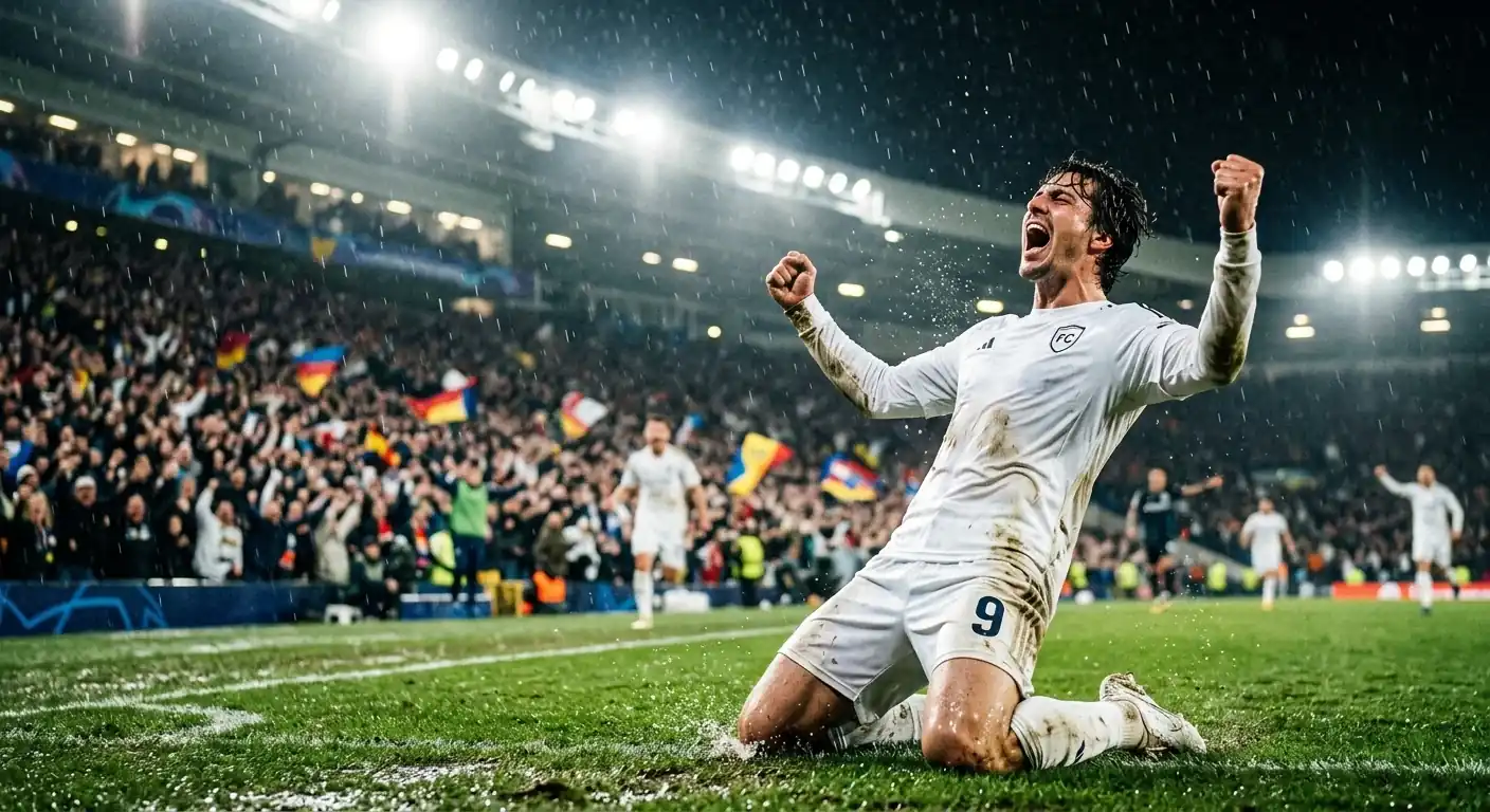Nogometaš v belem dresu proslavlja gol v dežju pod žarometi stadiona, v ozadju zamegljena tribuna