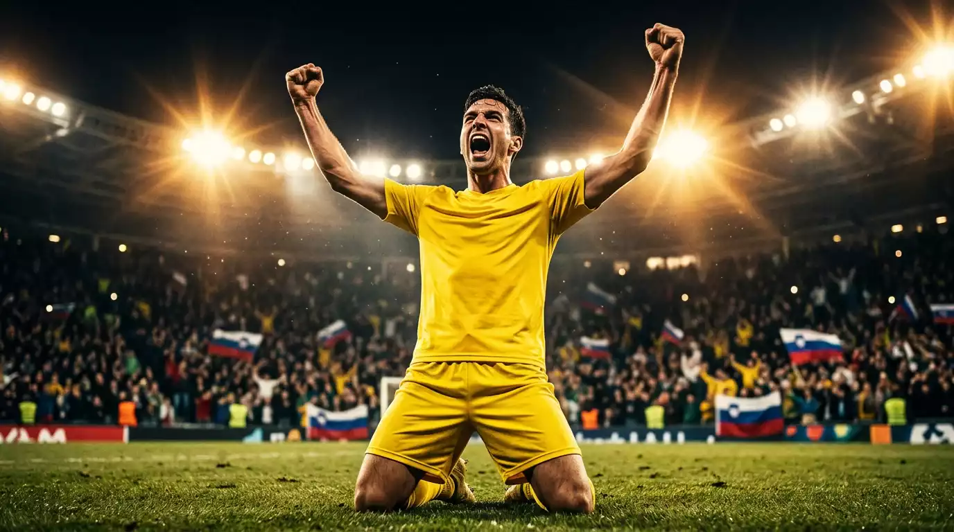 Nogometaš v rumenem dresu praznuje zadetek z dvignjenima rokama pod žarometi velikega stadiona