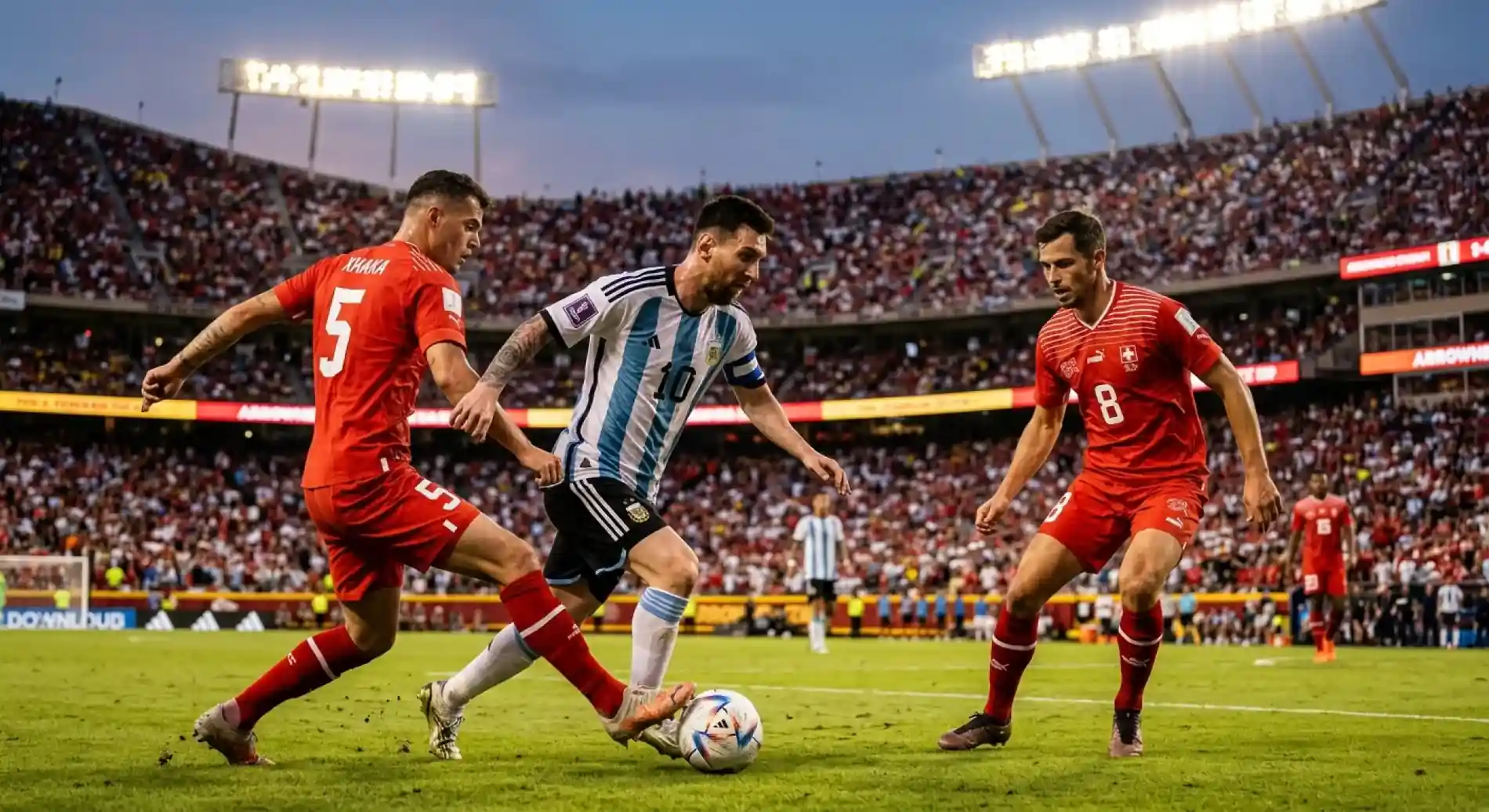 Messi v modro-belem dresu Argentine vodi žogo pred tremi švicarskimi igralci v rdečih dresih, reflektorji Arrowhead Stadium