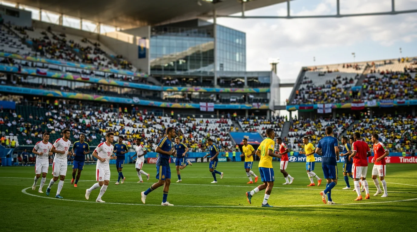 Footballerji v reprezentančnih dresih med ogrevanjem na zelenici stadiona pred tekmo SP 2026