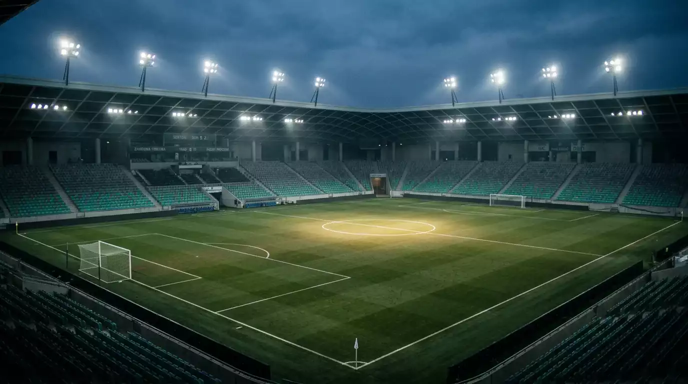 Stadionska osvetljava nad praznim igriščem tik pred začetkom velike tekme svetovnega prvenstva