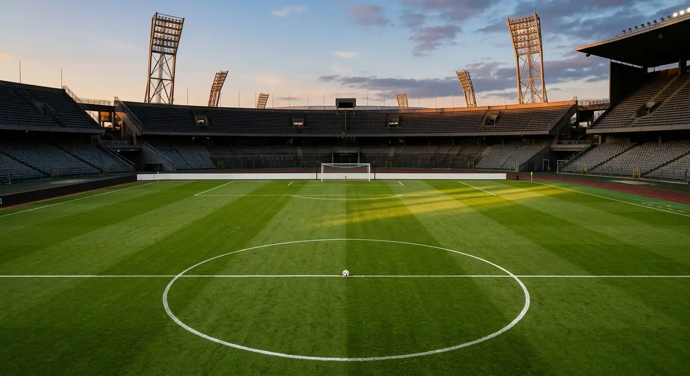Prazno nogometno igrišče tik pred tekmo z dolgimi večernimi sencami in praznimi tribunami v ozadju