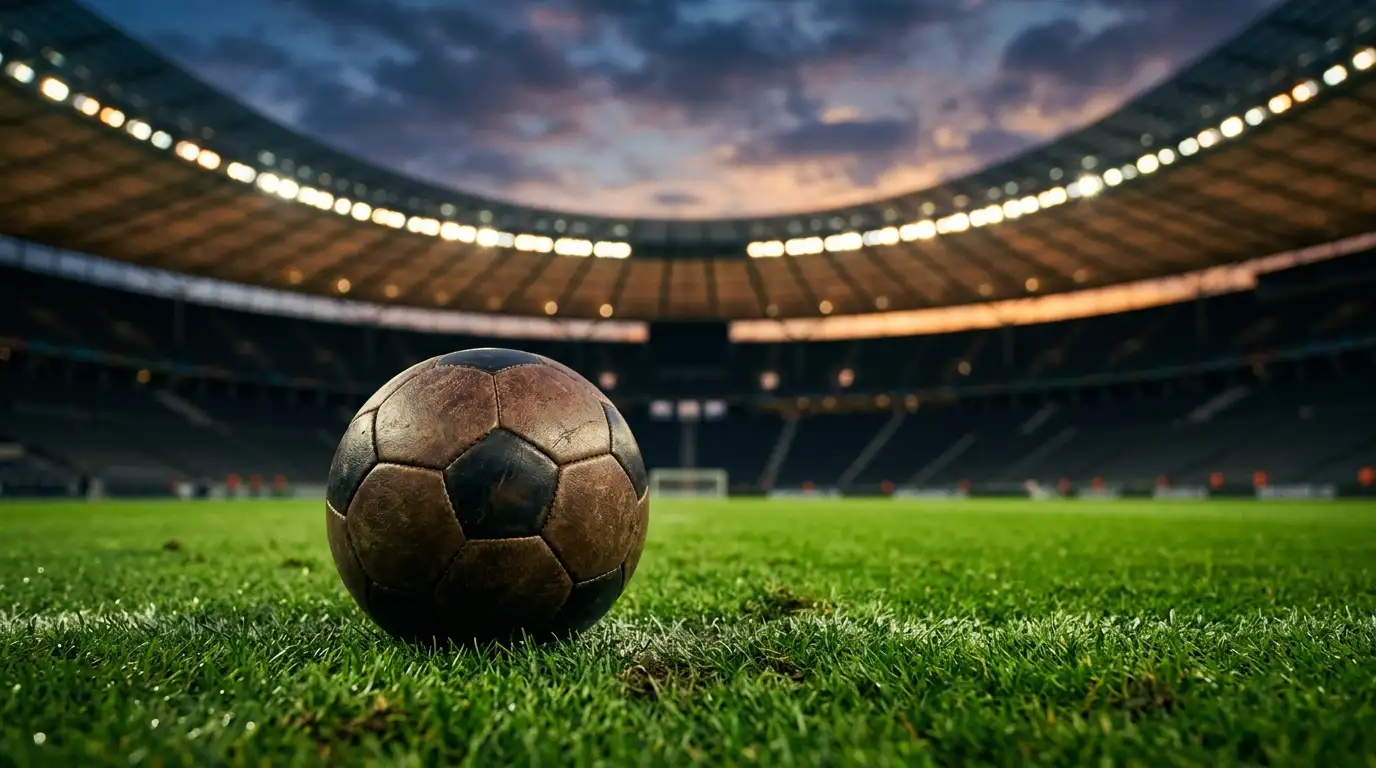 Nogometna žoga na osvetljeni trati stadiona pred finalno tekmo, v ozadju zamegljene prazne tribune v mraku