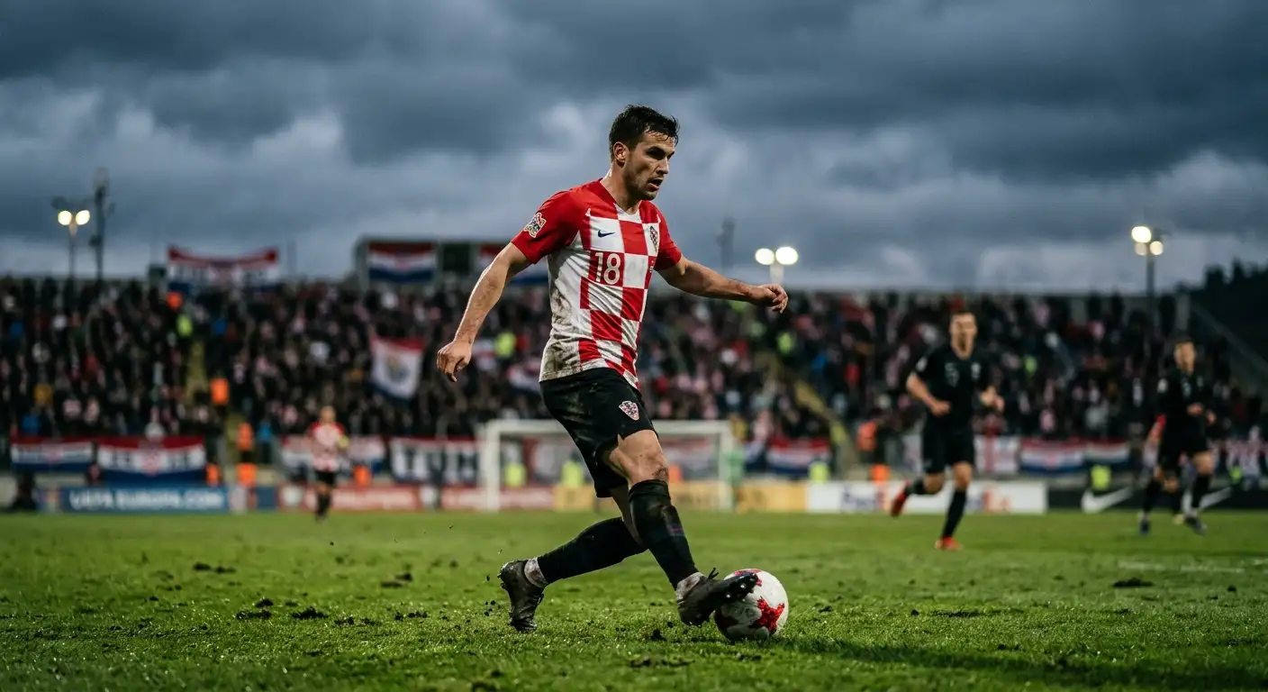 Nogometaš v rdeče-belem karirastem dresu se pripravlja na podajo med tekmo pod oblačnim večernim nebom