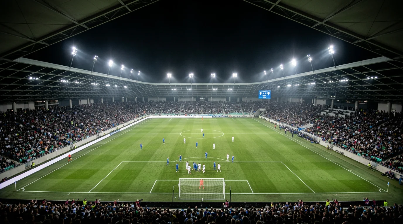 Nogometno igrišče z označbami in tribunami med turnirsko tekmo SP 2026