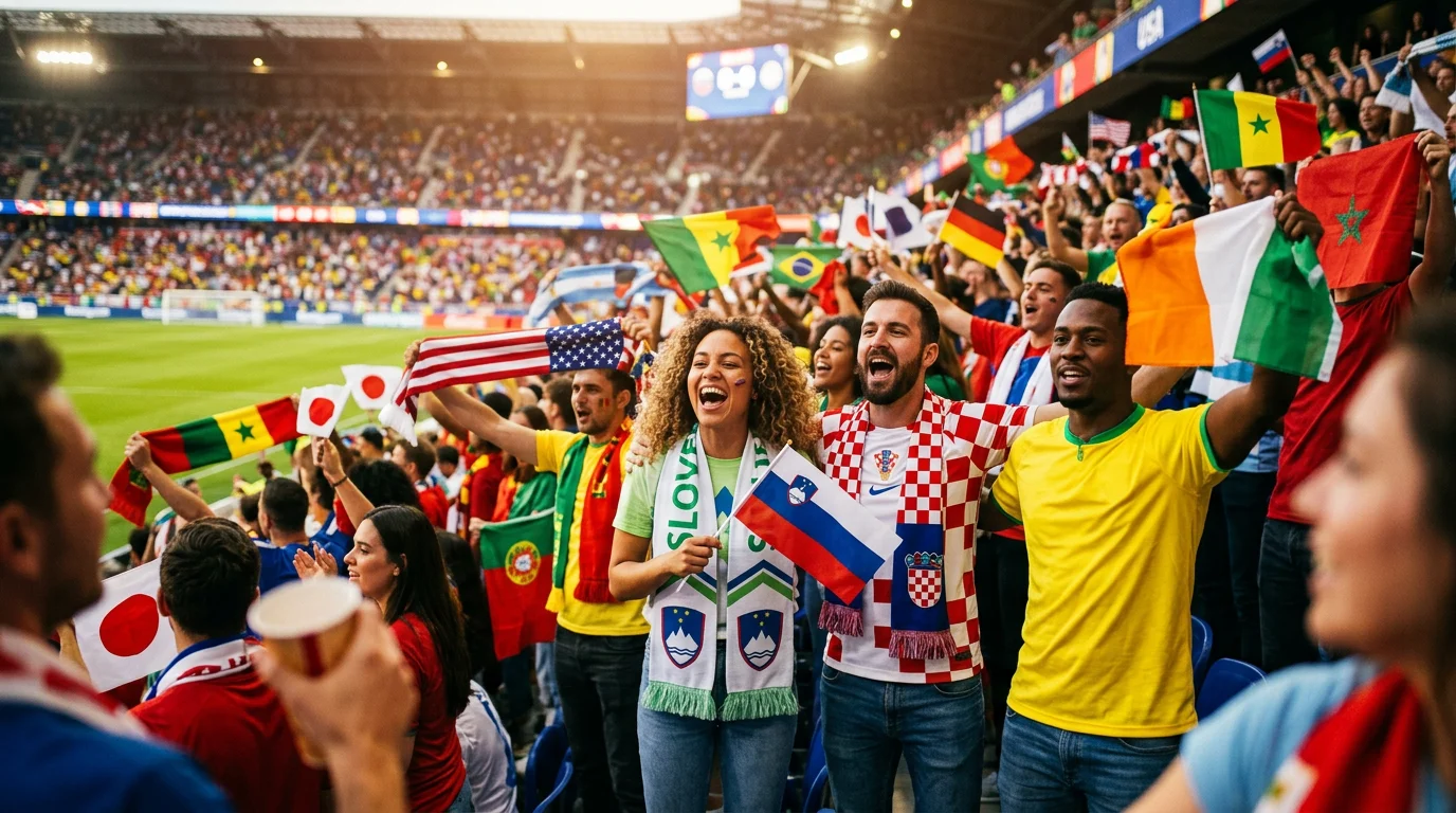 Navijači z zastavami različnih reprezentanc na stadionu med tekmo SP 2026