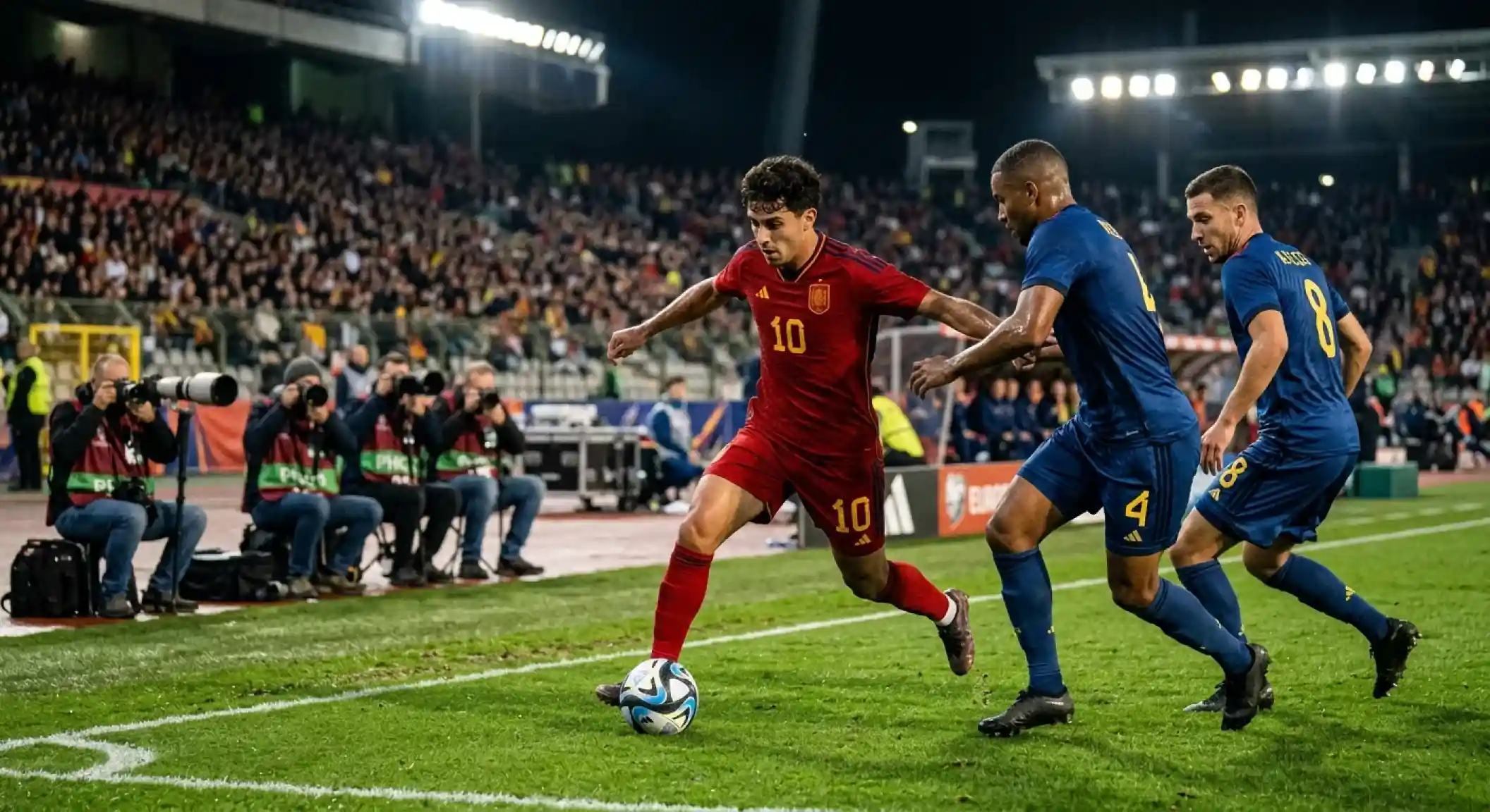 Španski nogometaš v rdečem dresu vodi žogo s trojico belgijskih igralcev v temno modrih dresih v ozadju, SoFi Stadium