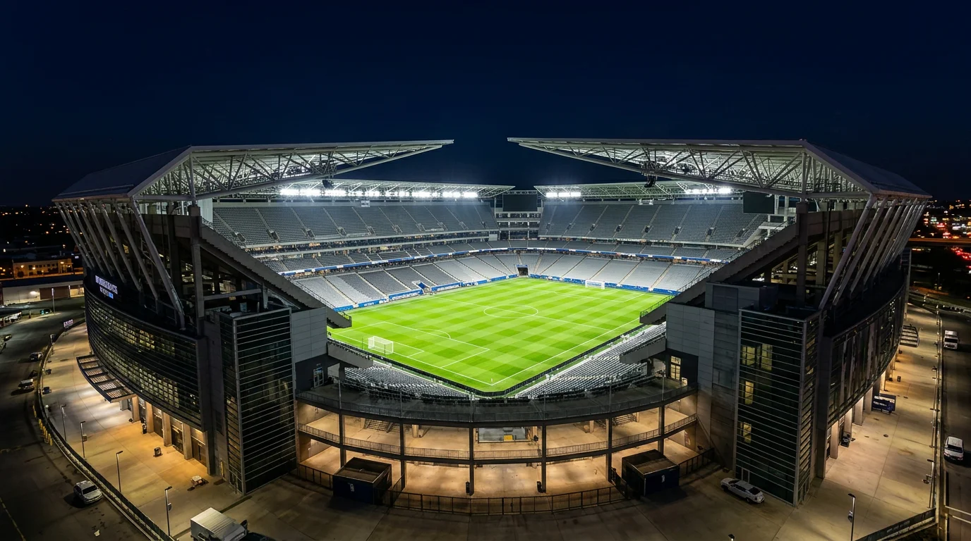 Velik nogometni stadion z odprto streho in zeleno površino ponoči, osvetljen z reflektorji